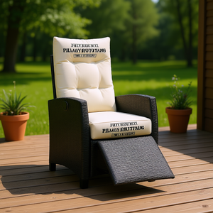 Silla reclinable de poliratán para patio con reposapiés, muebles de jardín para exteriores en negro y crema, diseño moderno y contemporáneo - Product Image 2