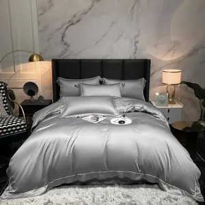 Housse de couette de luxe été couleur unie bords larges gris lyocell fibre linge de lit 4 pièces ensemble de literie grossiste