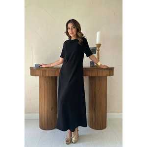 Elegante Vestido Negro Plisado con Cuello Redondo, Cintura Natural, Silueta Recta, Tejido de Tela, para Uso Diario, Vestido Casual - Product Image 4