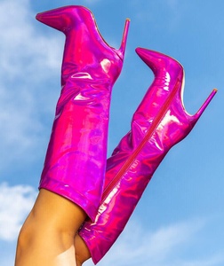 Holographic Upper Women Pointed Toe Knee High Booties Side Zip Thin Heels Metallic Wide Fit Large Size 45 <b>Boots</b> for Ladies - Product Image 4