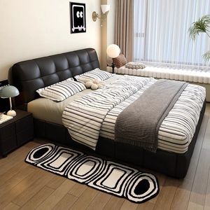 Modern Minimalist Leather Double Bed With Storage Soft <b>Backrest</b> Low Box Design For Master Bedroom Home Use - Product Image 4