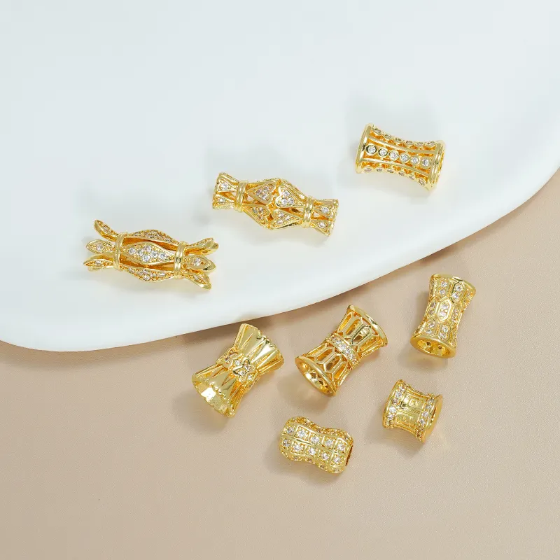 18K Banhado A Ouro Irregular Esculpido Tubo Espaçador Beads CZ Zirconia Micro Pave Metal Acessórios Beads Encantos Para Fazer Jóias Diy