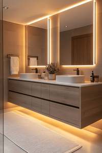 High Quality Custom-Made Modern Floating <b>Bathroom</b> Wooden Vanity with <b>LED</b> Mirror | Double Basin Wall Mounted <b>Cabinet</b> - Product Image 2