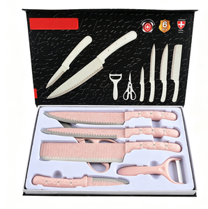 Ensemble de 6 couteaux de cuisine roses, revêtement antiadhésif en granit, couteaux en acier inoxydable 3Cr13 avec manche en PP, y compris un couteau de chef - Product Image 1