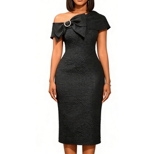 Robe midi moulante asymétrique pour femme - Robes de soirée élégantes avec nœud et détails en cristal - Product Image 5