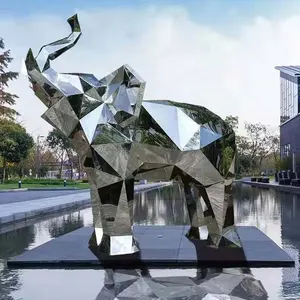 Lebensgroße Spiegel Polieren Metall Geometrische Oberfläche Elefant Edelstahl Statue Indian Elephant Dekoration Handwerk