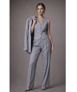 <b>Silver</b> Grey Terry Rayon Three Piece Pantsuit Elegant Tailored Blazer Vest and Trousers Set Premium Formal Office Wear Business - Product Image 1
