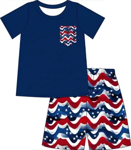 Custom Summer Independence Day Print Baby Outfits T-shirt With Pocket Short Pants Boy Clothing Children Shorts Sets