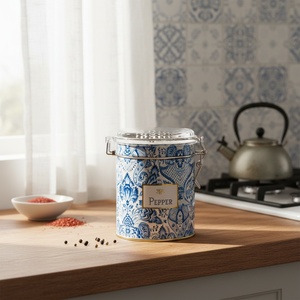 Azulejo-Inspired <b>Blue</b> White Decorative Pattern Ø90x110mm Metal <b>Storage</b> <b>Box</b> Wire Clasp Transparent Lid Iron Ball <b>Storage</b> <b>Box</b> - Product Image 3