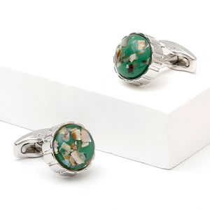 Boutons de manchette pour hommes personnalisés et créatifs, pierre ronde de couleur verte en bas, boutons de manchette en argent pour chemise - Product Image 1