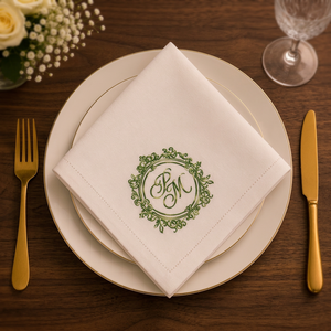 Serviette en lin de qualité supérieure avec broderie monogramme |   Serviette de table en lin blanc avec un élégant motif initial vert. Serviette de table de luxe - Product Image 2