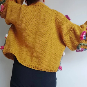 Unique Hand Knit Embroidery Sweater <strong>Women</strong> Knitwear Mushroom Bloom Cardigan Oversized <strong>Jumper</strong> <strong>Mustard</strong> Color Outfit Sweater - Product Image 4