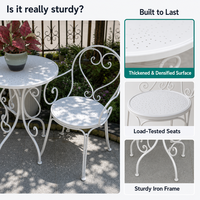 Ensemble bistrot 3 pièces de style français vintage avec table ronde en métal et 2 chaises assorties à dossier festonné pour balcon ou véranda