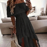 Robe midi noire à épaules dénudées, brodée de dentelle, taille naturelle, style bohème, coupe régulière, robe d'été décontractée pour femme