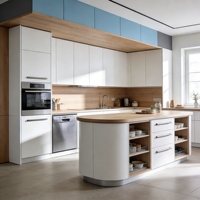 Armoires de cuisine îlot courbées gris clair avec tiroirs à fermeture douce et comptoirs en quartz pour les maisons américaines