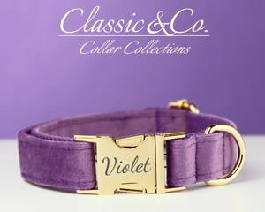 ชุดปลอกคอและสายจูงสุนัขสีม่วงแบบปรับแต่งได้ พร้อมโบว์ลายดอกไม้ ป้ายชื่อสลักแบบเงียบ - ของขวัญสำหรับลูกสุนัขในงานแต่งงาน (ขนาดเล็ก/กลาง/ใหญ่) - Product Image 3