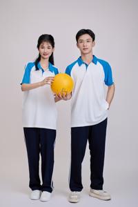 Polyester (tricoté) T-shirt PE lycée vietnamien blanc avec garniture/pantalon bleu ciel bleu marine - Product Image 2