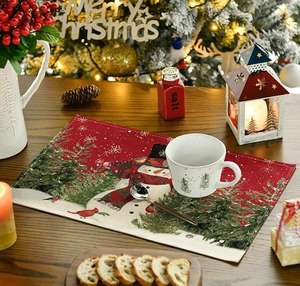 Lino Muñeco de nieve Cardenales Árbol de Navidad Manteles individuales para cocina Mesa de comedor Mesa de centro Hogar o fiesta - Product Image 2
