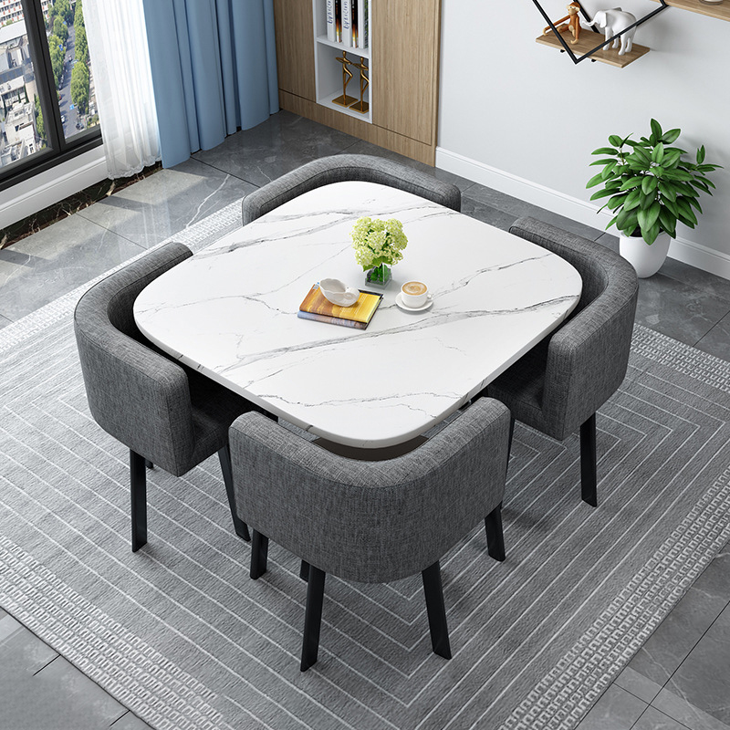 Tavolo quadrato bianco + sedie in tessuto grigio