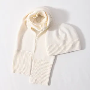 Wholesale Elegant Casual Thick Warm Soft Long Scarf Knitted Beanie Custom Wool Cashmere Women Winter Scarf Matching Hat Sets