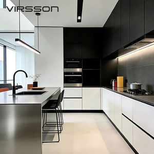 Meubles de cuisine modulaires modernes en acier inoxydable avec évier et crédence, portes en contreplaqué pour appartement - Product Image 2