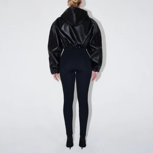 Fashion PU <b>Leather</b> Winter Breathable Motorcycle Crop Short Bomber Zipper Hoodie Women's <b>Long</b> Sleeve <b>Jacket</b> - Product Image 3