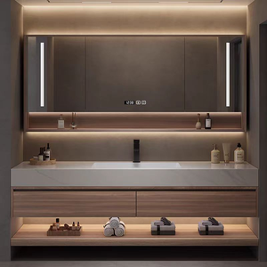 Set di mobili da bagno specchio di alta qualità in legno massiccio moderno armadietto sanitari - Product Image 3