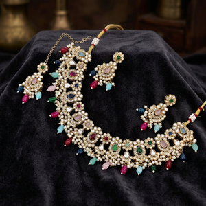 Indian Traditional Antique Gold Plated Kundan Choker <b>Necklace</b> Set Maroon <b>Ruby</b> Red Gemstone Bead Bridal Jewelry Set with Earrings - Product Image 3