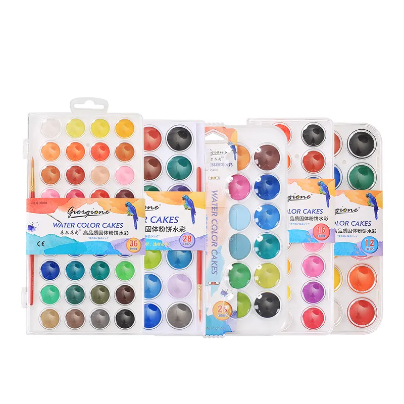 Amazon vendita calda 12/16/24/28/36/48 colori colori Non tossici acquerello torte Set con scatola di plastica e pennello libero