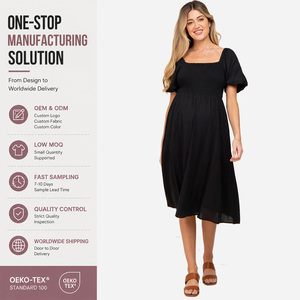 Abito <span class=keywords><strong>Premaman</strong></span> a Linea A con Top Arricciato, Lunghezza Midi, Tasche Laterali, in Cotone, Maniche Corte a Sbuffo, Vestito <span class=keywords><strong>Premaman</strong></span> Casual - Product Image 1