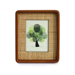 Classic Vintage Rattan And Wood Picture Frame Wicker Boho Rustic Photo Frame Custom - Tabletop Stand And Wall