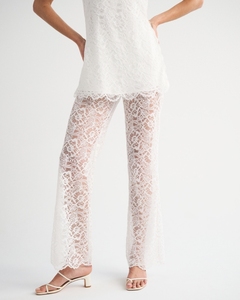 Leduo Customized Women's <b>White</b> Floral Lace Wide Leg Pants Sheer High Waist <b>Flare</b> <b>Trousers</b> with Scalloped Hem - Product Image 3