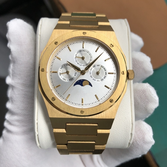 Best Selling Moon Phase High Quality 316L Stainless Steel Custom Private Label Dial Quartz Gold Moon Phase Watches for Men