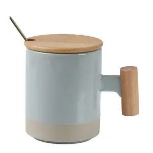 Wholesale Accept Custom 11 oz Wood Handle Ceramic Mug Spoon With Lid