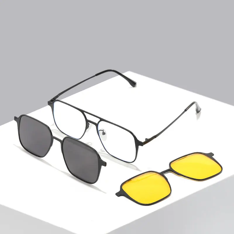 Dl Bril 2024 Nieuwe Mode Nachtzicht Oculos Dubbele Brug Metalen Brillen 2in1 Magnetische Clip Op Zonnebril