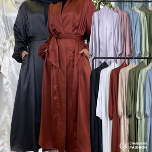 Spring Summer Abaya Smooth Thick Satin Solid Color Simplicity With Pockets Cardigan Muslim <b>Islamic</b> Women Clothing 1917# - Product Image 1