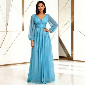 <span class=keywords><strong>Robe</strong></span> de soirée élégante pour femme, à manches longues, col en V, fluide, doublée, plissée, extensible, transparente, pour les occasions formelles - Product Image 3