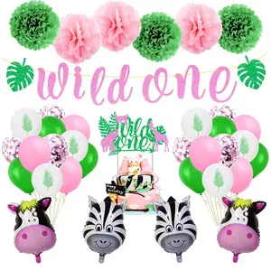 Wild one palm cake toppers banners garland paper pom poms cow zebra Foil balloon for baby girls boys ONE Birthday Party supplies