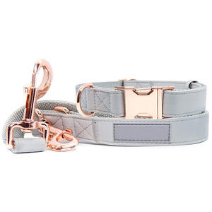 Top quality pets PU leather nylon webbing inner rose gold buckle adjustable dog leash and pet collar set