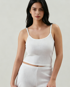 Set Pigiama Estivo da <span class=keywords><strong>Donna</strong></span> in Due Pezzi con Logo Personalizzato, Ecologico e Traspirante in Misto Cotone Pointelle, Top Corto e Pantaloncini con Logo Frontale - Product Image 2