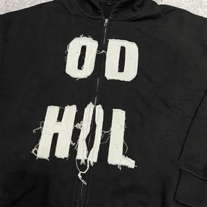 Manufacturer 450 Gsm Sun Faded Acid Washed Custom Logo Distressed Embroidery Patchwork Zip up Heavy Weight Rhinestone Hoodie - Product Image 3