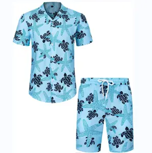 Latest Men's Poly Turtle & Starfish Full Print 2 Piece Suits Fashion Button Down Lapel Short Sleeve Blouse Elastic Waist Shorts