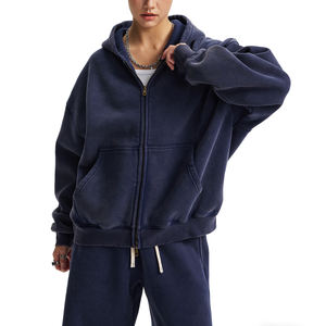 Ensemble de survêtement pour <span class=keywords><strong>femme</strong></span> personnalisé, en polaire d'hiver 370G, coupe ample, avec veste zippée à capuche, effet délavé et teint à la cire, style sport décontracté, vente en gros - Product Image 2