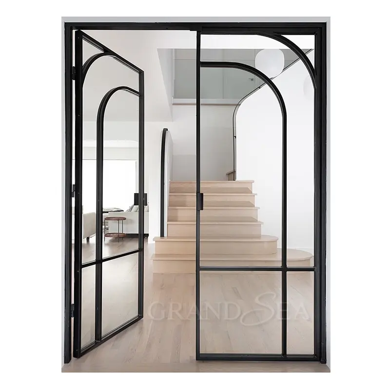 Sederhana Kustom Desain Panggangan Interior Ruang Tamu Cor Ganda Ditempa Baja Tempa Partisi Perancis Kaca Pintu Besi untuk Rumah