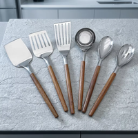 Ustensiles de cuisine en acier inoxydable avec manches en bois d'acacia, 3 spatules, une louche et 2 cuillères, grain de bois unique, lot de 6