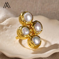 Bague ajustable vintage à quatre pétales en perle, or, accessoire quotidien pour femme