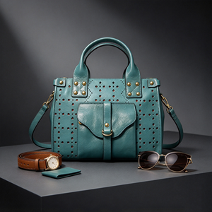 Sac à main élégant en cuir perforé avec poche avant à rabat et accents rivetés, sac décontracté à poignée supérieure - Product Image 1