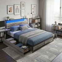 Cadre de lit double en métal avec éclairage LED, station de charge, tête de lit avec rangement et 4 tiroirs sous le lit