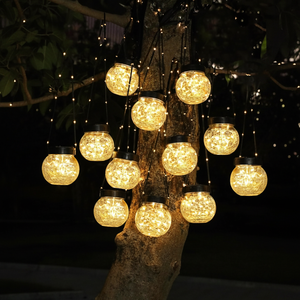 Lanterne solaire suspendue TSINYE, globes suspendus en verre craquelé, lumières solaires pour extérieur, jardin, cour, décoration de Noël, <span class=keywords><strong>blanc</strong></span> chaud - Product Image 1
