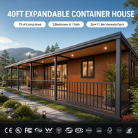 Maison conteneur extensible de 40 pieds, 3 chambres, 75 m², maison modulaire préfabriquée avec véranda de 2 m, structure en acier galvanisé